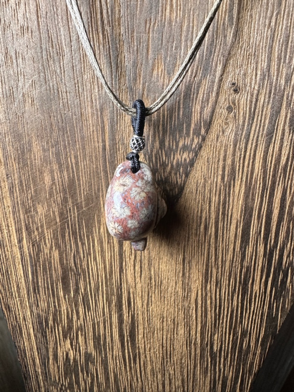 Adorable Coral Fossil Teapot Pendant Necklace, Sterling Silver Accent on Rope - Picture 9 of 15